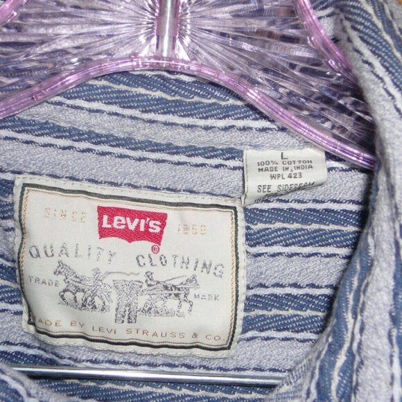 LEVI'S CLASSIC JEANSWEAR Mens Size Large Blue Stripe Cotton Button Down Shirt - Picture 2 of 5
